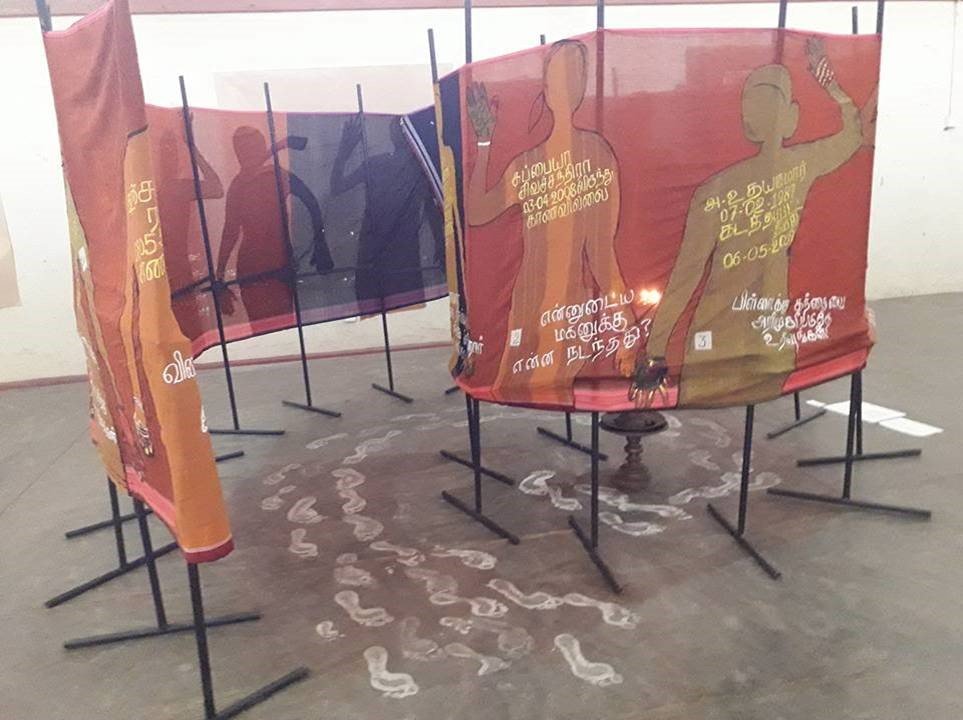 Let them come back - Sarees on enforced disappearances installed in an Exhibition, Batticaloa, 2017